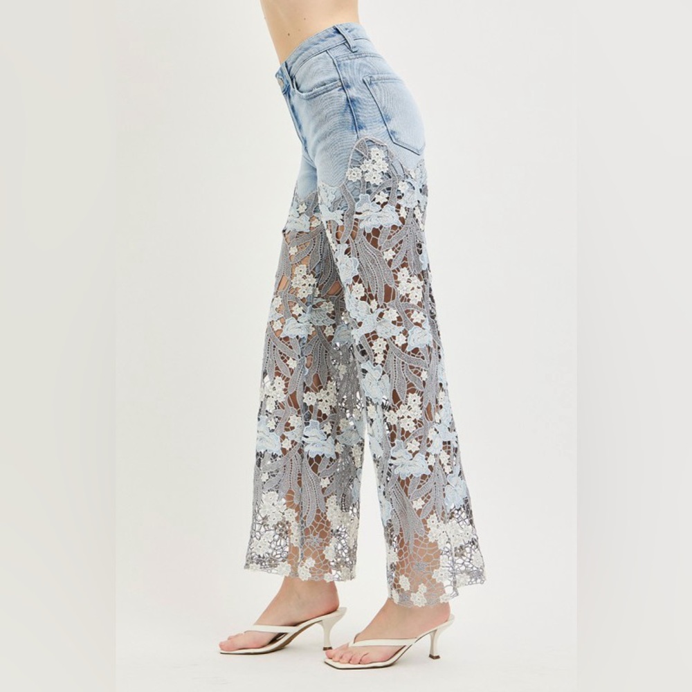 Floral denim lace crochet embellished high rise flare pants boho wide leg jeans - Picture 3 of 6